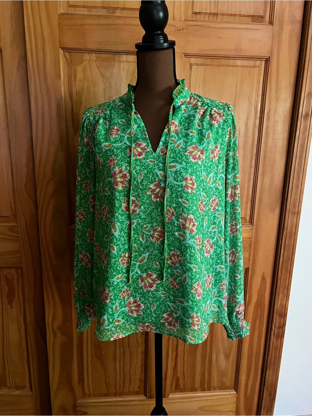 Joie Green Floral Tie-Neck Long Sleeve Blouse